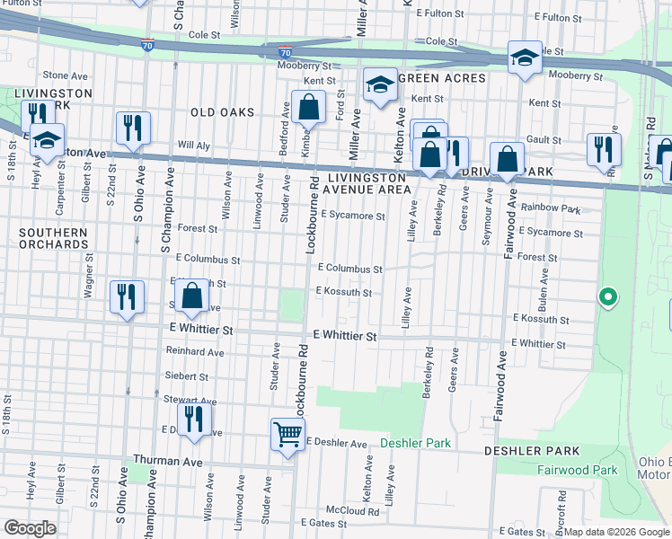 map of restaurants, bars, coffee shops, grocery stores, and more near 1036 Miller Avenue in Columbus