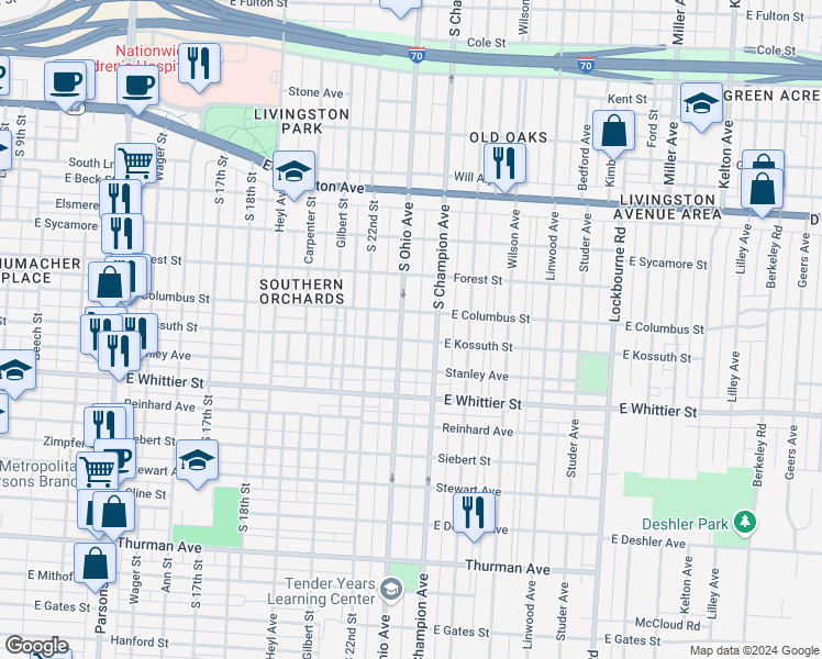 map of restaurants, bars, coffee shops, grocery stores, and more near 989 South Champion Avenue in Columbus