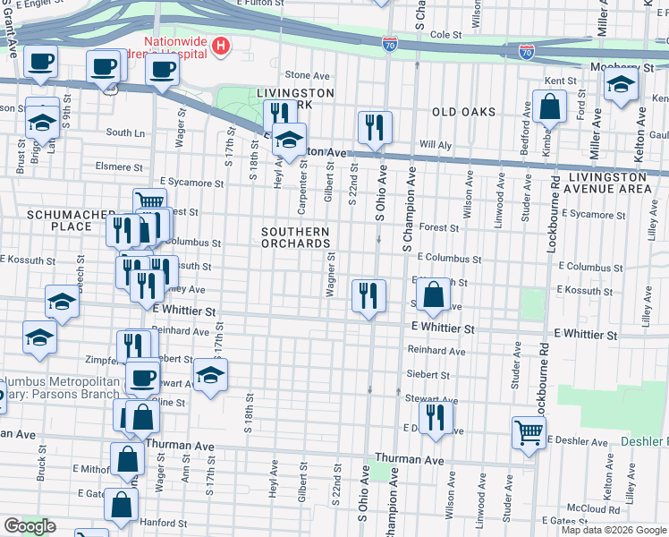 map of restaurants, bars, coffee shops, grocery stores, and more near 954 Gilbert Street in Columbus