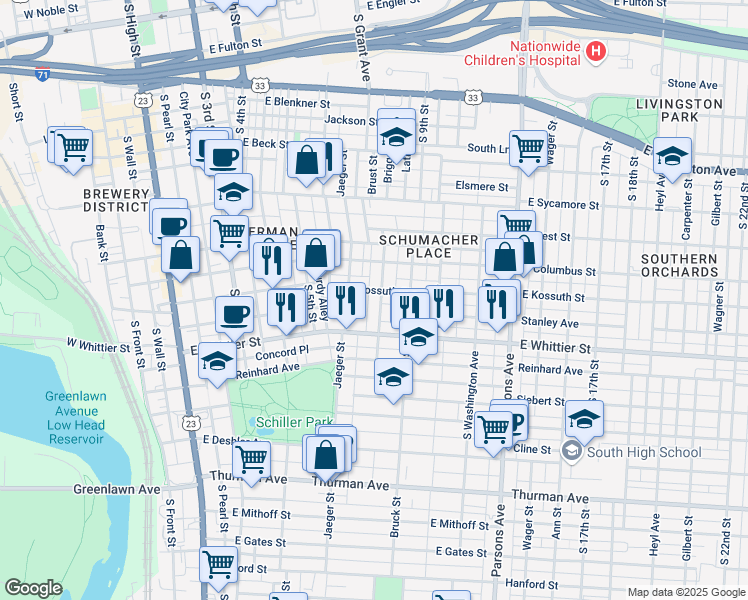map of restaurants, bars, coffee shops, grocery stores, and more near 885 Ebner Street in Columbus