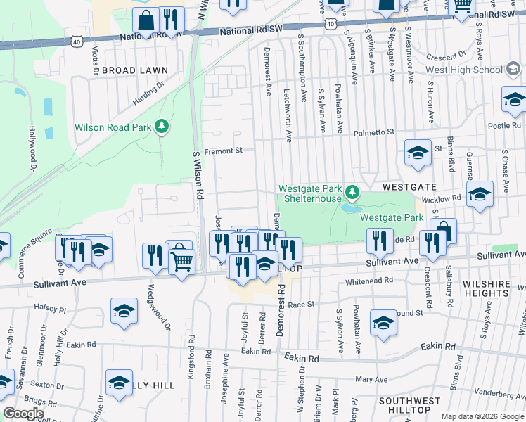 map of restaurants, bars, coffee shops, grocery stores, and more near 443 Derrer Road in Columbus