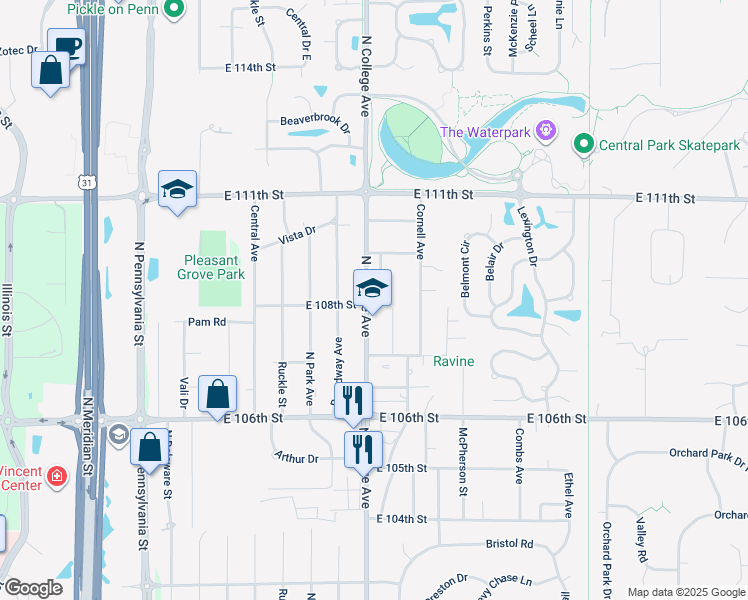 map of restaurants, bars, coffee shops, grocery stores, and more near 10822 Bellefontaine Street in Indianapolis