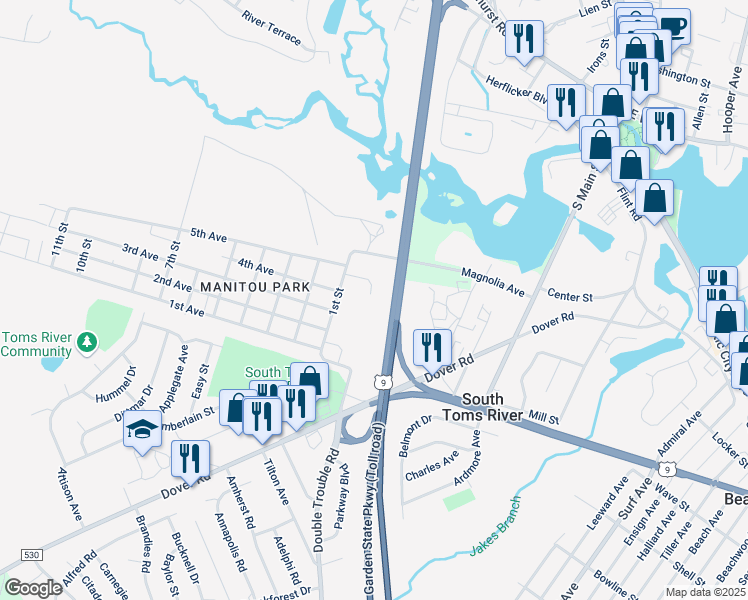 map of restaurants, bars, coffee shops, grocery stores, and more near 16 Red Maple Court in Toms River