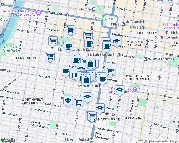 map of restaurants, bars, coffee shops, grocery stores, and more near 1516 Pine Street in Philadelphia