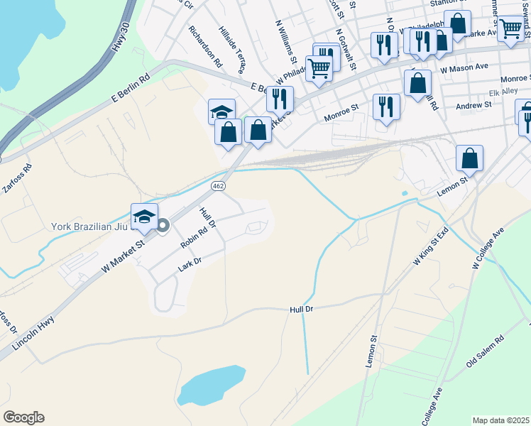 map of restaurants, bars, coffee shops, grocery stores, and more near 2818 Robin Road in York