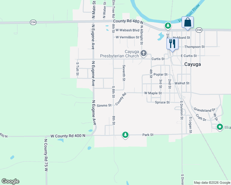 map of restaurants, bars, coffee shops, grocery stores, and more near 401-483 South 8th Street in Cayuga