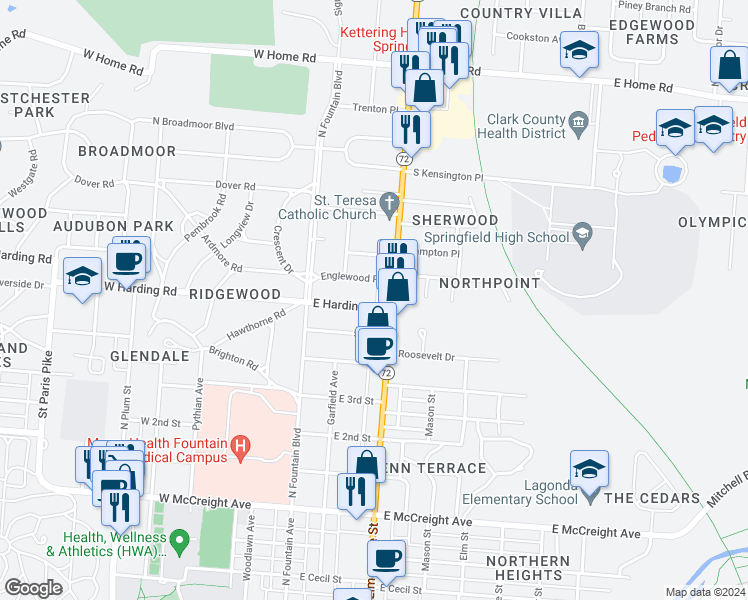 map of restaurants, bars, coffee shops, grocery stores, and more near 144 East Harding Road in Springfield