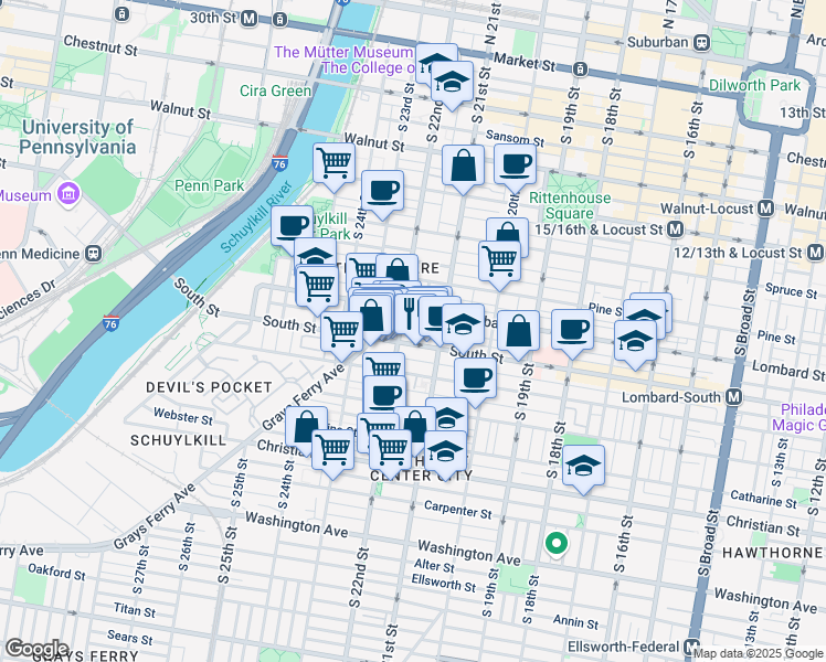 map of restaurants, bars, coffee shops, grocery stores, and more near 2132 Naudain Street in Philadelphia