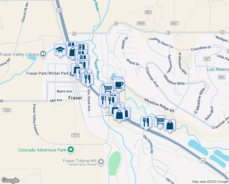 map of restaurants, bars, coffee shops, grocery stores, and more near 35 County Road 804 in Fraser