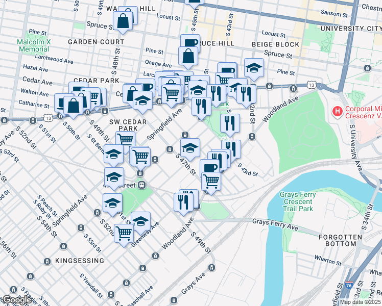 map of restaurants, bars, coffee shops, grocery stores, and more near 4615 Kingsessing Avenue in Philadelphia