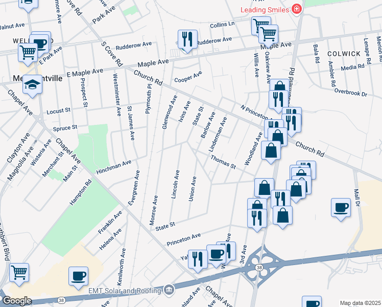 map of restaurants, bars, coffee shops, grocery stores, and more near 306 Union Avenue in Cherry Hill