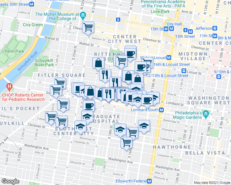 map of restaurants, bars, coffee shops, grocery stores, and more near 1803 Lombard Street in Philadelphia