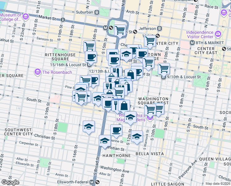 map of restaurants, bars, coffee shops, grocery stores, and more near 1310 Waverly Street in Philadelphia