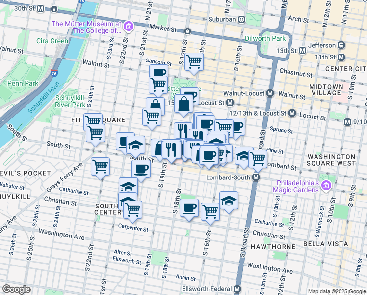 map of restaurants, bars, coffee shops, grocery stores, and more near 1803 Lombard Street in Philadelphia