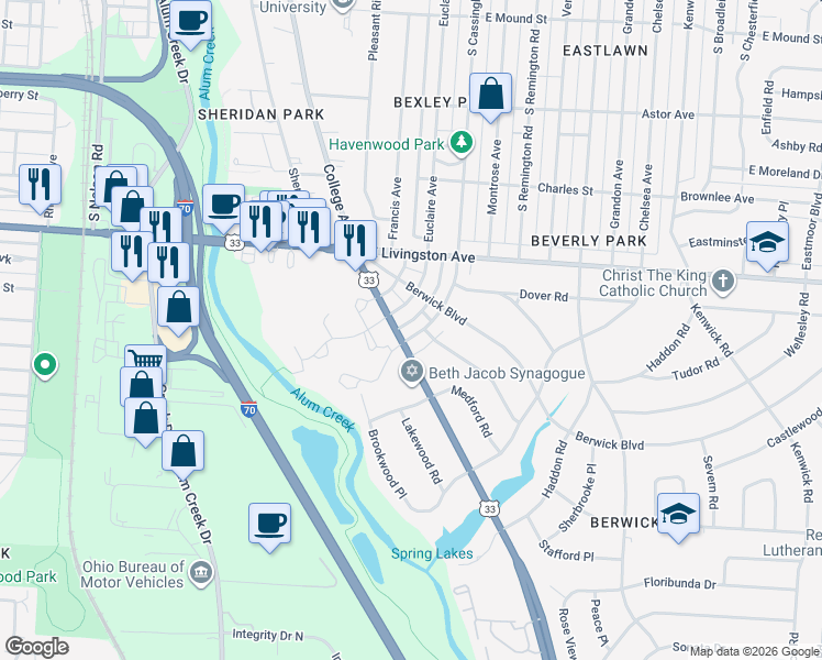 map of restaurants, bars, coffee shops, grocery stores, and more near 1156 South Cassingham Road in Columbus