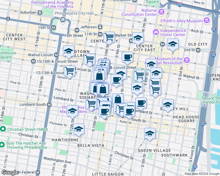 map of restaurants, bars, coffee shops, grocery stores, and more near 902 Spruce Street in Philadelphia
