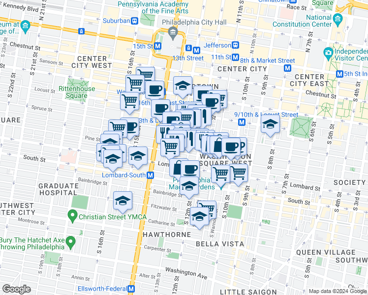 map of restaurants, bars, coffee shops, grocery stores, and more near 1214 Pine Street in Philadelphia