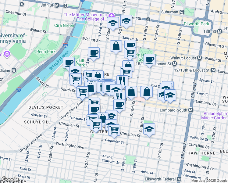 map of restaurants, bars, coffee shops, grocery stores, and more near 2037 Naudain Street in Philadelphia