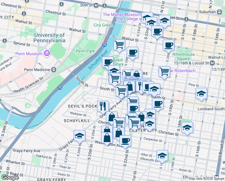 map of restaurants, bars, coffee shops, grocery stores, and more near 2401 Bainbridge Street in Philadelphia