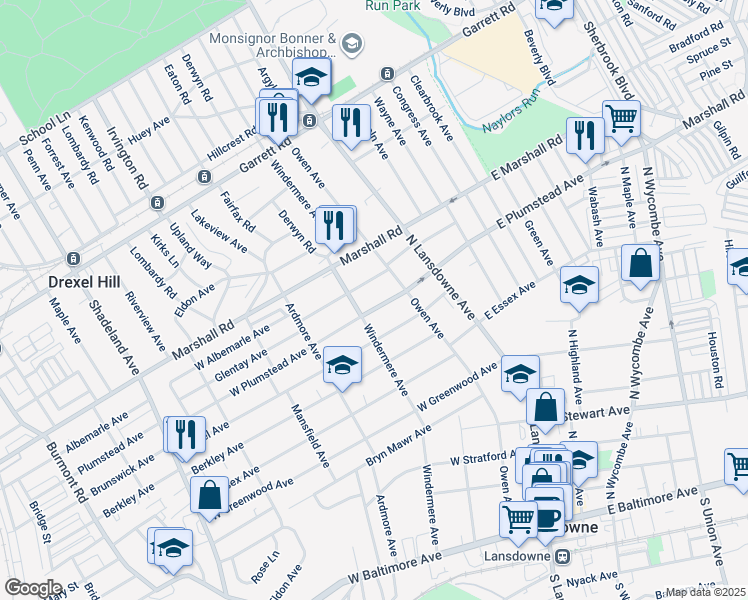 map of restaurants, bars, coffee shops, grocery stores, and more near 63 West Plumstead Avenue in Lansdowne