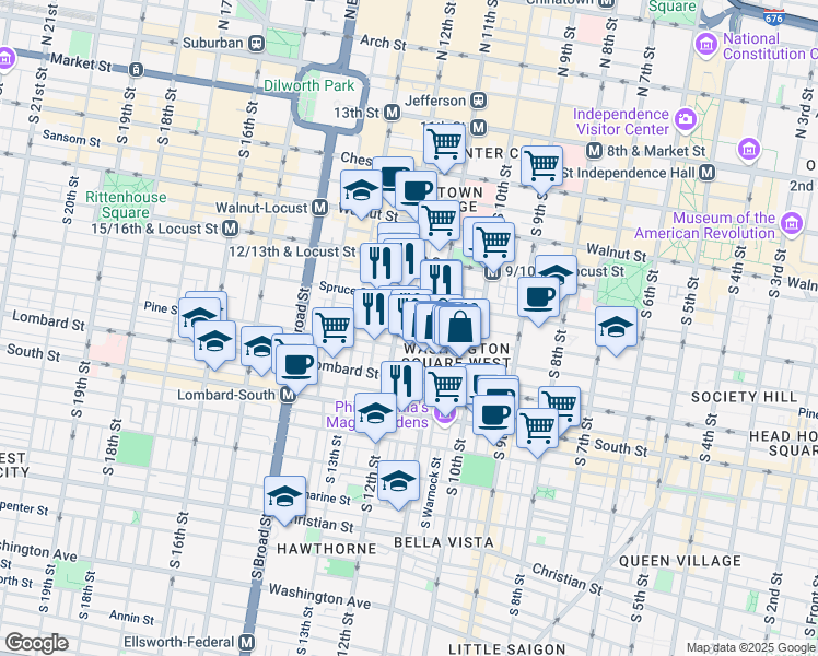 map of restaurants, bars, coffee shops, grocery stores, and more near 325 South 12th Street in Philadelphia
