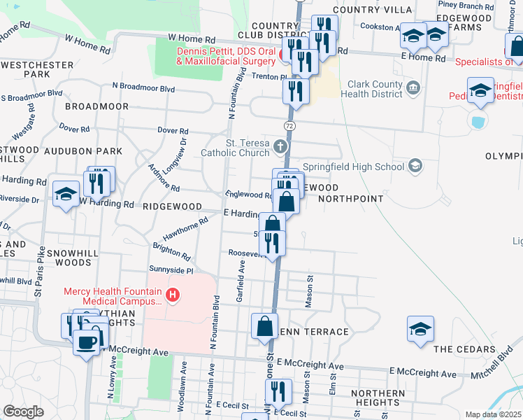 map of restaurants, bars, coffee shops, grocery stores, and more near 120 East Harding Road in Springfield