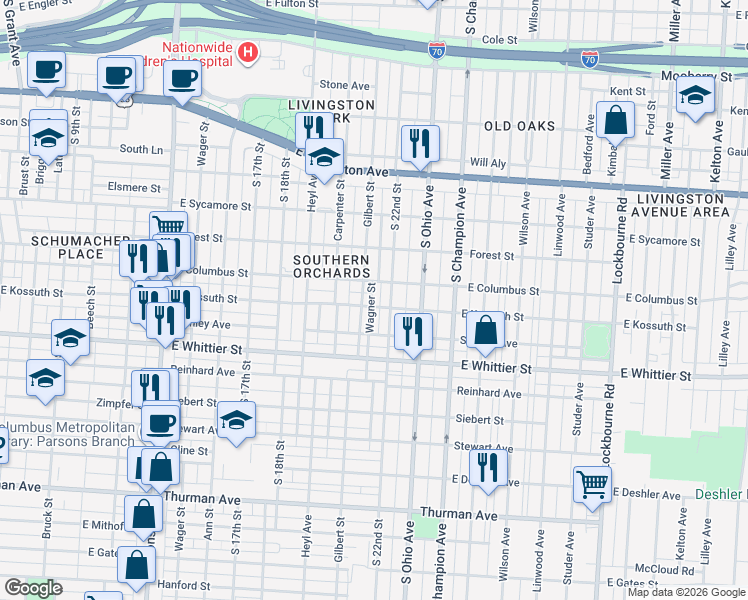 map of restaurants, bars, coffee shops, grocery stores, and more near 954 Gilbert Street in Columbus