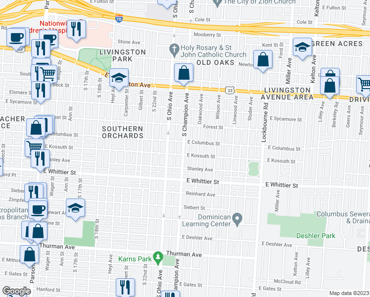 map of restaurants, bars, coffee shops, grocery stores, and more near 958 South Champion Avenue in Columbus