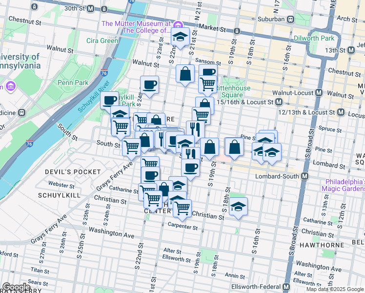 map of restaurants, bars, coffee shops, grocery stores, and more near 2037 Naudain Street in Philadelphia