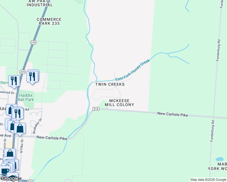 map of restaurants, bars, coffee shops, grocery stores, and more near 625 Colony Trail in New Carlisle