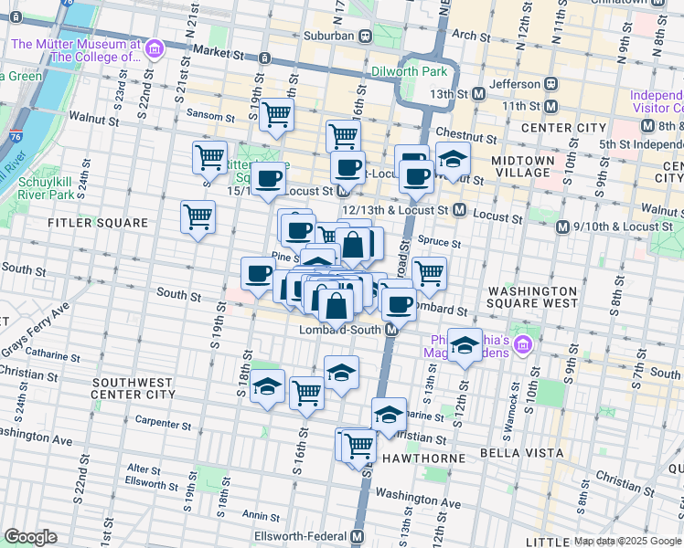 map of restaurants, bars, coffee shops, grocery stores, and more near 1526 Pine Street in Philadelphia
