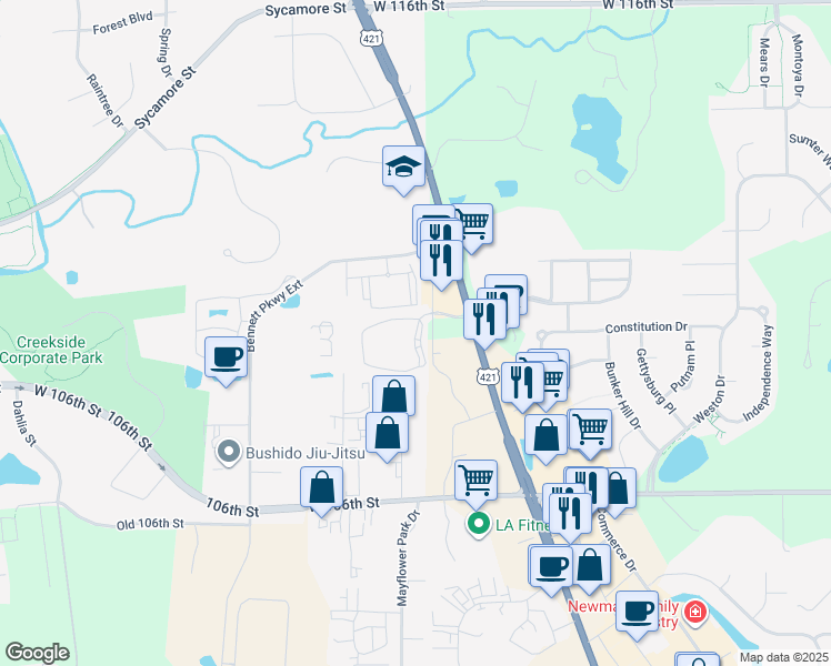 map of restaurants, bars, coffee shops, grocery stores, and more near 11089 Octave Drive in Zionsville