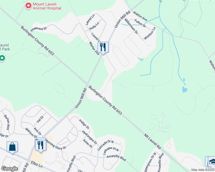 map of restaurants, bars, coffee shops, grocery stores, and more near 14 Wood View Drive in Mount Laurel Township