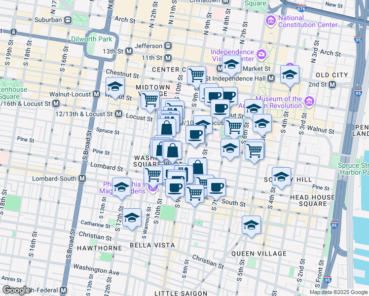map of restaurants, bars, coffee shops, grocery stores, and more near 902 Spruce Street in Philadelphia
