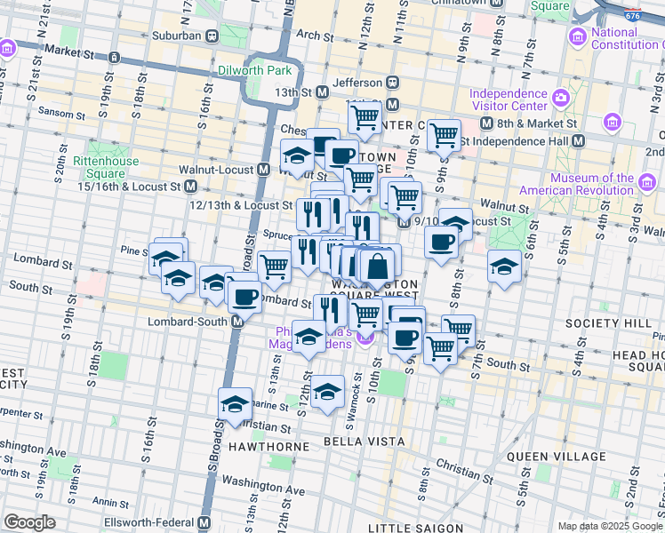map of restaurants, bars, coffee shops, grocery stores, and more near 325 South 12th Street in Philadelphia