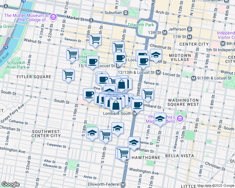map of restaurants, bars, coffee shops, grocery stores, and more near 1526 Pine Street in Philadelphia