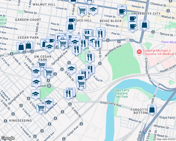 map of restaurants, bars, coffee shops, grocery stores, and more near 1244 South 45th Street in Philadelphia