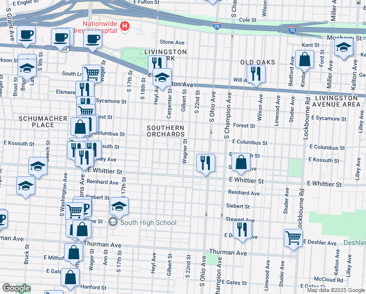 map of restaurants, bars, coffee shops, grocery stores, and more near 954 Gilbert Street in Columbus