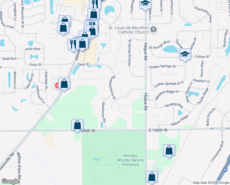 map of restaurants, bars, coffee shops, grocery stores, and more near 7392 Northfield Boulevard in Fishers