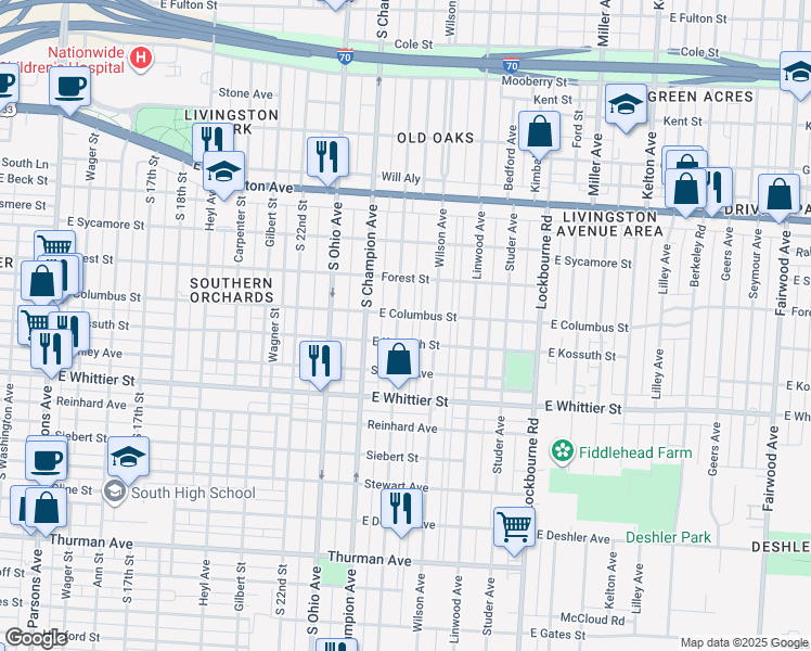 map of restaurants, bars, coffee shops, grocery stores, and more near 997 Oakwood Avenue in Columbus