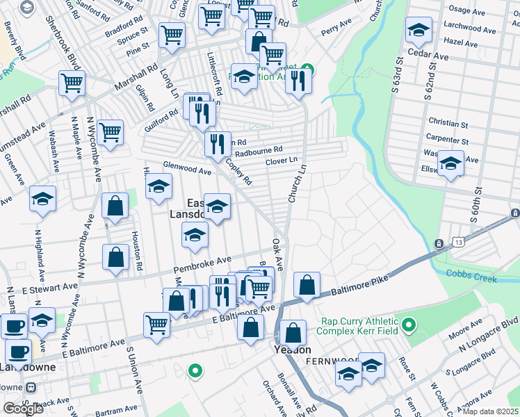 map of restaurants, bars, coffee shops, grocery stores, and more near 7122 Emerson Avenue in Upper Darby