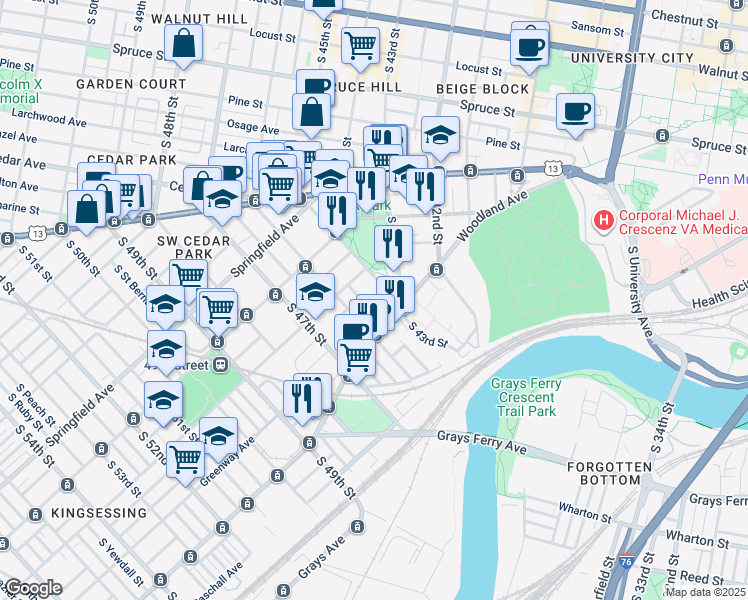 map of restaurants, bars, coffee shops, grocery stores, and more near 1225 South Melville Street in Philadelphia