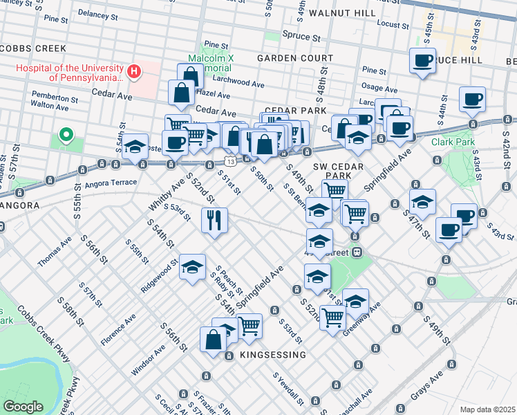 map of restaurants, bars, coffee shops, grocery stores, and more near 5036 Florence Avenue in Philadelphia
