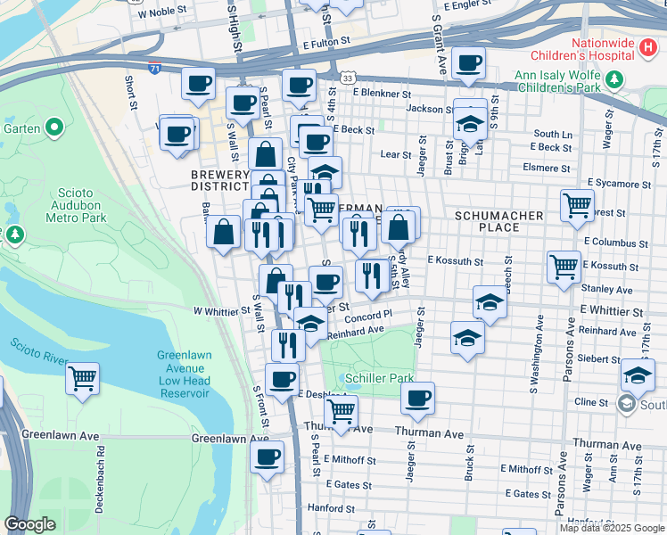 map of restaurants, bars, coffee shops, grocery stores, and more near 818 South 3rd Street in Columbus