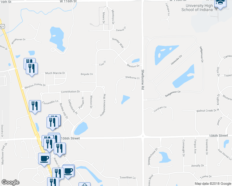 map of restaurants, bars, coffee shops, grocery stores, and more near 3778 Shelborne Court in Carmel