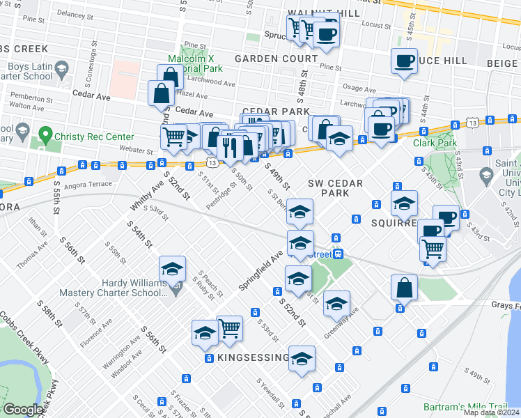 map of restaurants, bars, coffee shops, grocery stores, and more near 5008 Beaumont Avenue in Philadelphia