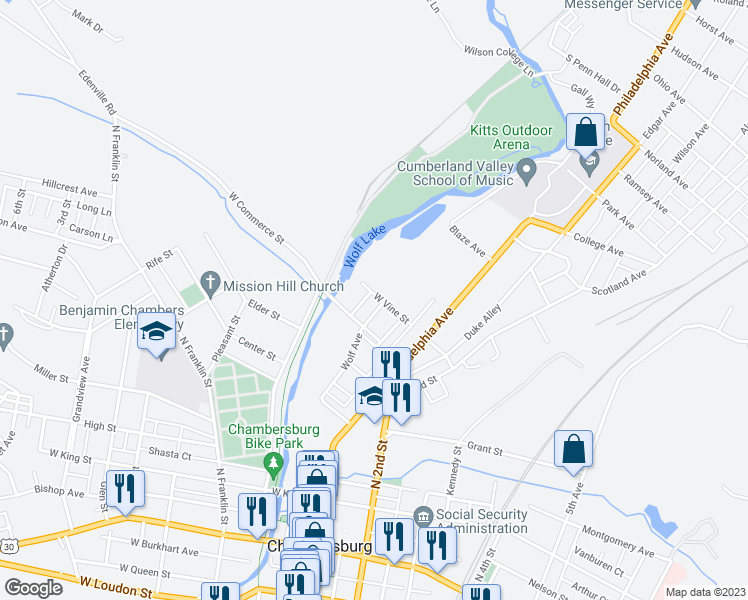map of restaurants, bars, coffee shops, grocery stores, and more near 212 West Vine Street in Chambersburg