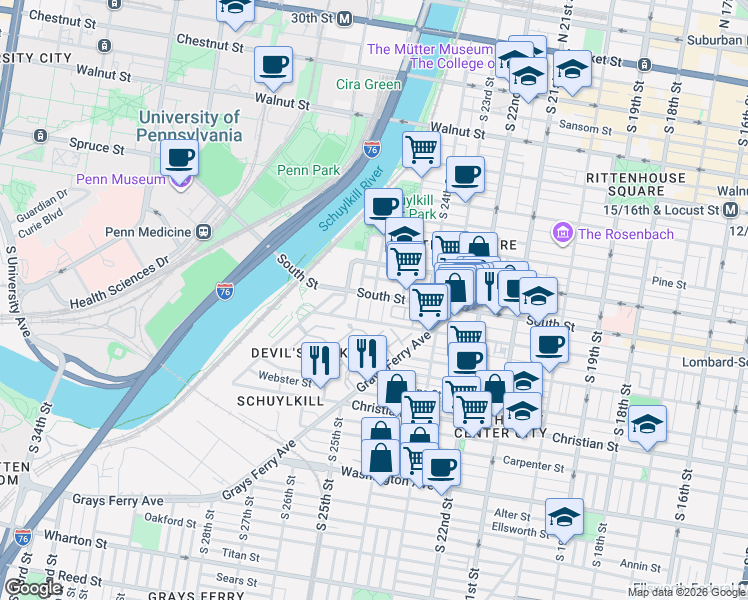 map of restaurants, bars, coffee shops, grocery stores, and more near 617 South Bambrey Street in Philadelphia