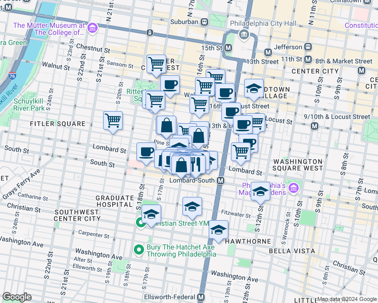 map of restaurants, bars, coffee shops, grocery stores, and more near 1534 Pine Street in Philadelphia