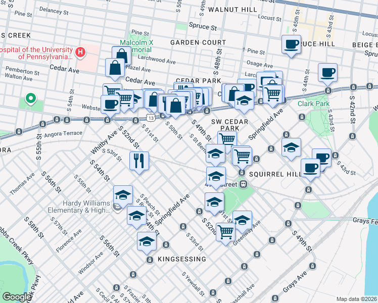 map of restaurants, bars, coffee shops, grocery stores, and more near 5016 Warrington Avenue in Philadelphia